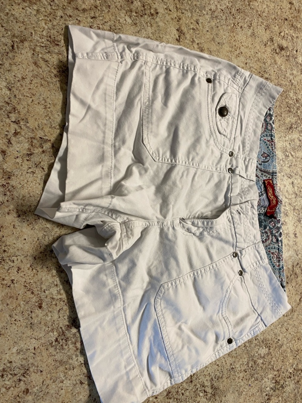 ONE/SIZE White Denim Jean Shorts with Paisley Waist Trim